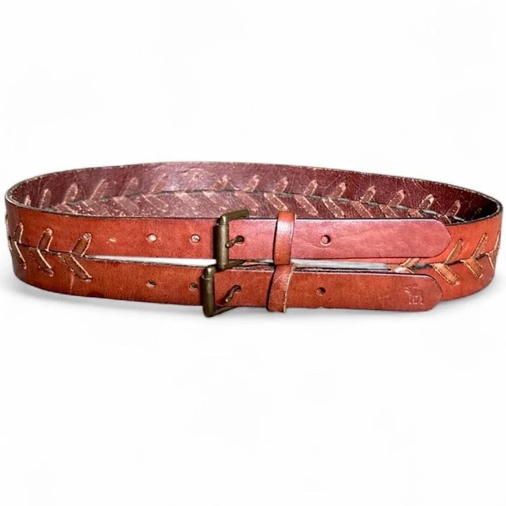 Abercrombie & Fitch brown leather double buckle belt with braided stitching 40